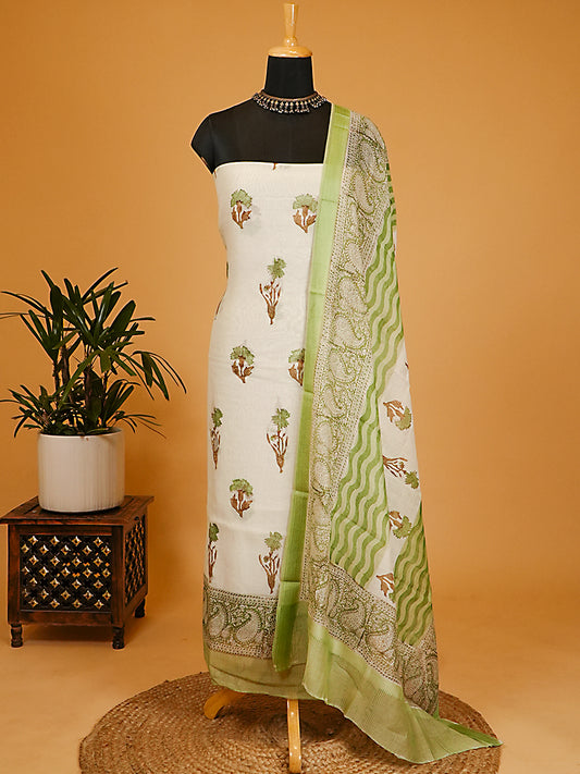 Cream & Green Soft Mul Chanderi Block Print Suit Set
