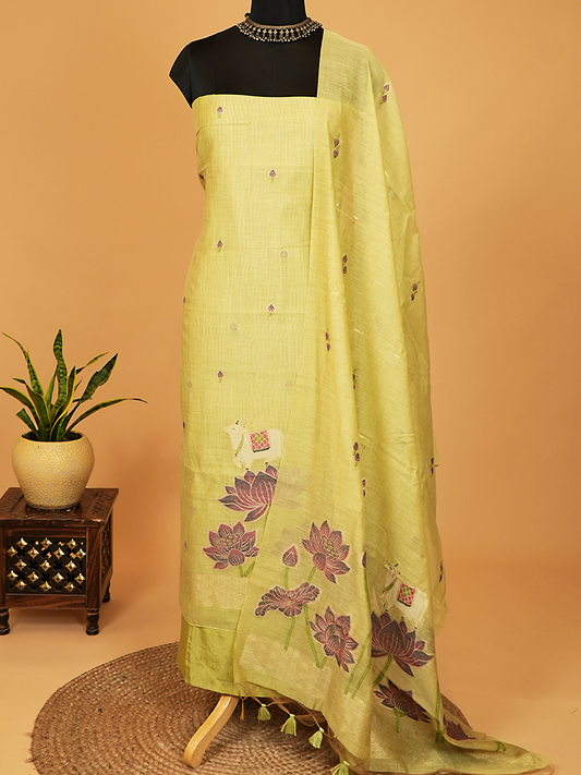 Light Green Chanderi Silk Suit Set with Jamdani Weaving