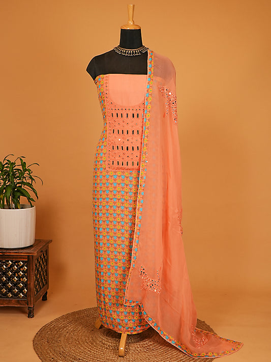 Soft Peach Floral Muslin Silk Suit with Mirror Work on Yoke