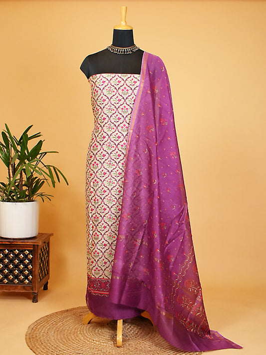 Cream & Plum Purple Maheshwari Silk Jaal Print Suit Set