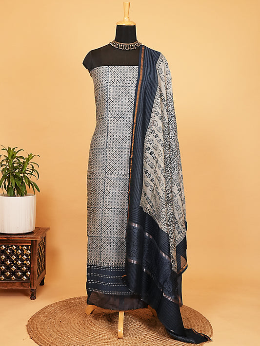 Indigo Grid Maheshwari Silk Suit Set