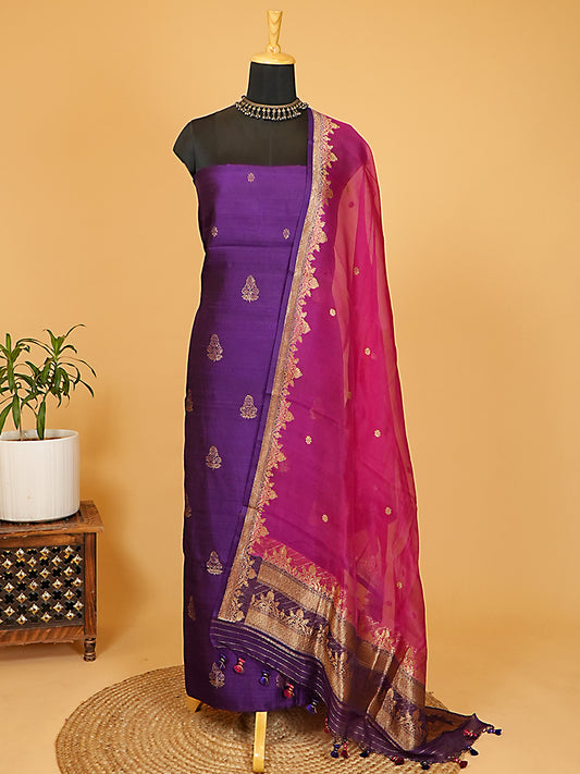 Purple Pure Raw Silk Kadwa Weaving Banarasi Suit Set