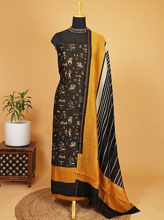 Black and Mustard Yellow Warli Printed Maheshwari Silk Suit Set