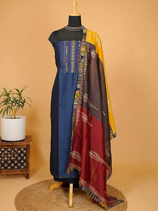 Midnight Ink Blue Silk Suit Set with Embroidered Yoke & Multi-Tone Printed Dupatta