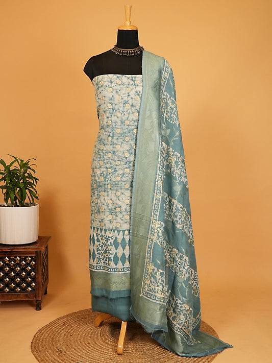 Firozi Blue Pure Linen Silk Print Suit Set with Silver Zari Weaving
