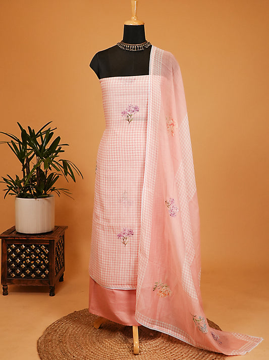 Light Pink Gingham Mul Chanderi Floral Suit Set