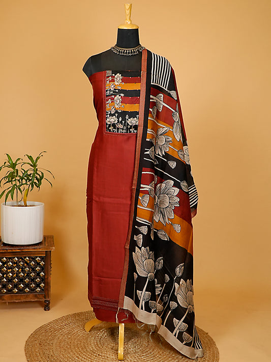 Rust Red Maheshwari Silk Suit Set with Artistic Mirror-Work Yoke