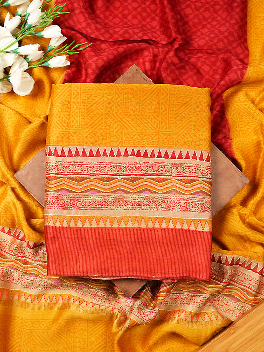 Mustard Maheshwari Silk Suit Set With Kantha Detailing