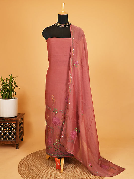 Soft Rose Floral Embroidered Mul Chanderi Suit Set