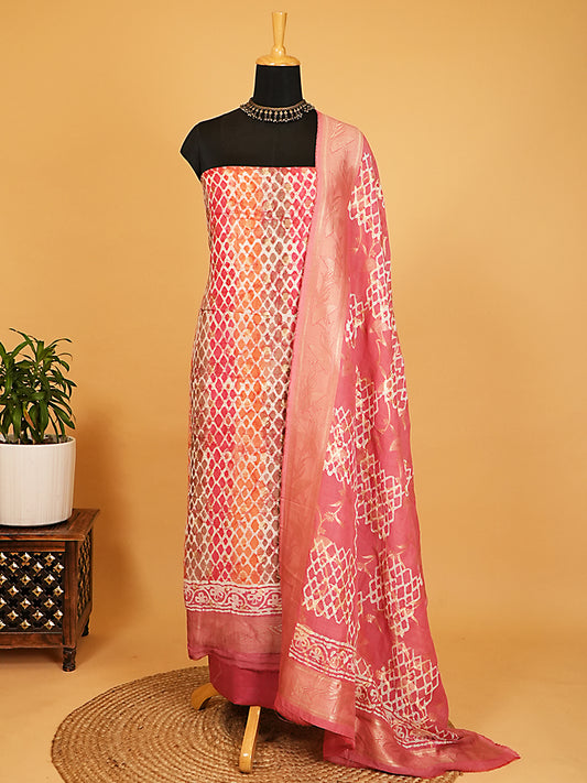 Pink & Orange Pure Linen Silk Geometric Print Suit Set with Silver Zari