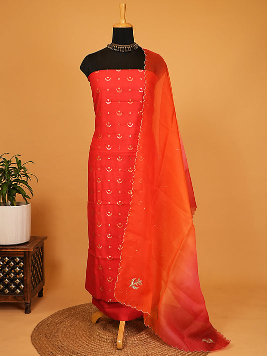 Red Zari Embroidered Mul Chanderi Suit Set with Orange-Pink Ombre Dupatta