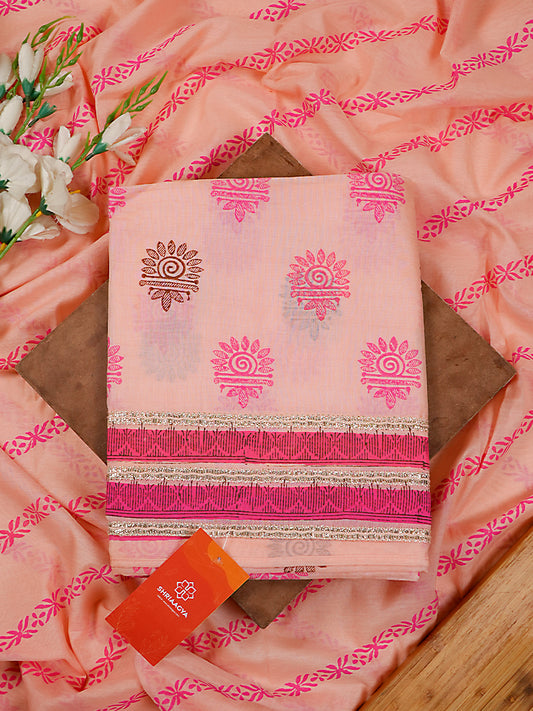 Soft Peach Pink Chanderi Silk Block Printed Suit Set with Gota Patti Highlights