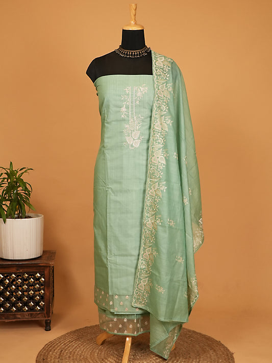 Sage Green Chanderi Silk Hand Embroidered Suit Set with Lace Details