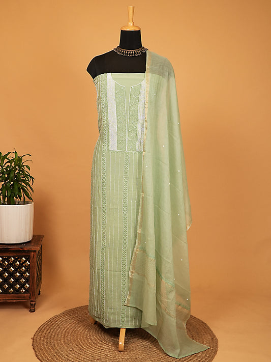Pastel Green Mul Chanderi Lakhnavi Suit Set with Pearl & Thread Work