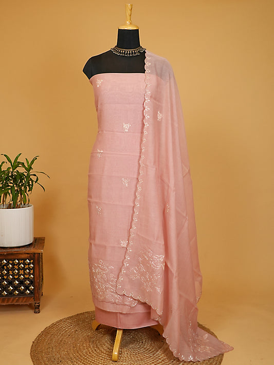 Soft Blush Pink Handloom Mul Chanderi Appliqué Suit Set