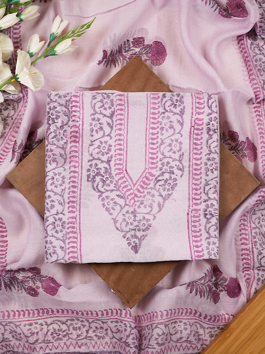 Mauve Mul Chanderi Block Print Suit Set