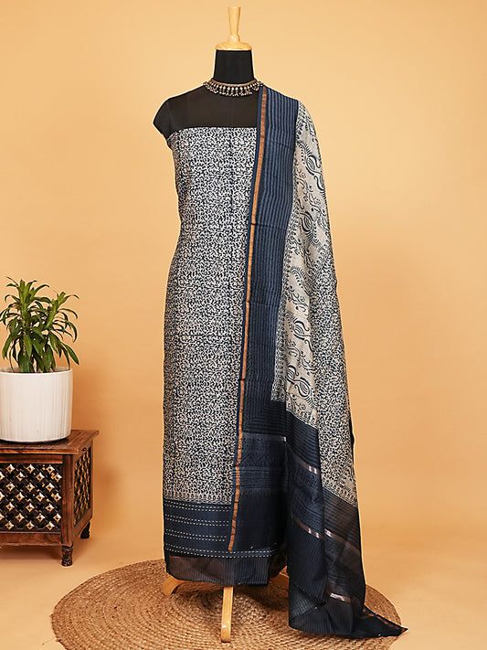 Indigo Floral Vine Maheshwari Silk Suit Set