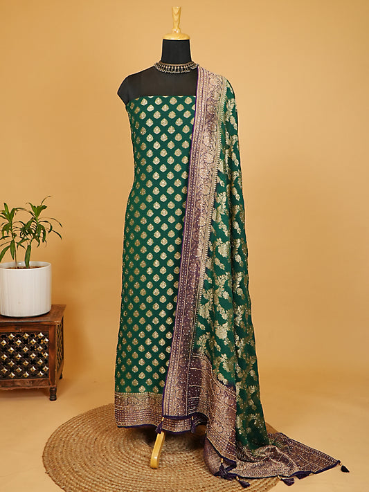 Emerald Green & Deep Purple Pure Khaddi Georgette Banarasi Suit Set
