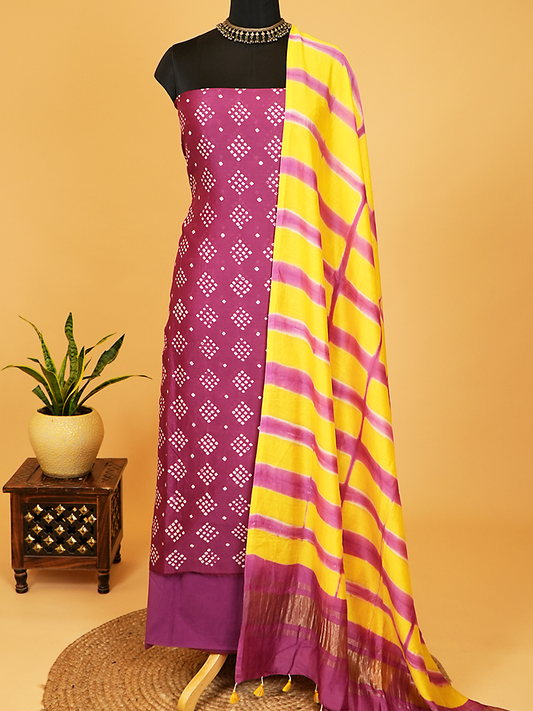 Purple-Magenta Pure Chanderi Suit Set with Clamp-Dyed Chanderi Silk Dupatta 