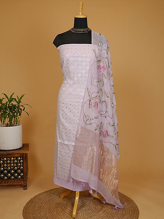 Soft Lilac Handloom Cotton Jamawar Suit Set with Floral Embroidery Dupatta