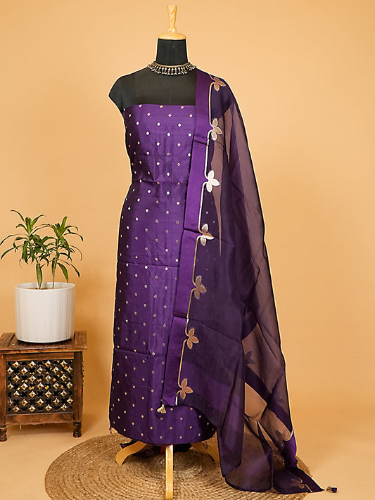 Deep Purple Pure Katan Silk Banarasi Booti Suit Set