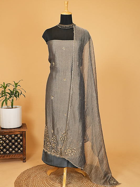 Metallic Silver Pure Tissue Silk Handwork Suit Set