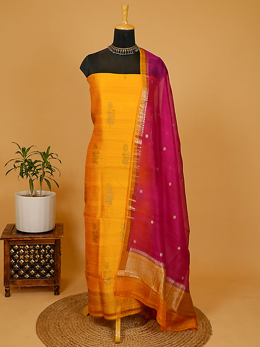 Yellow Pure Raw Silk Kadwa Banarasi Suit Set with Magenta Kora Silk Dupatta