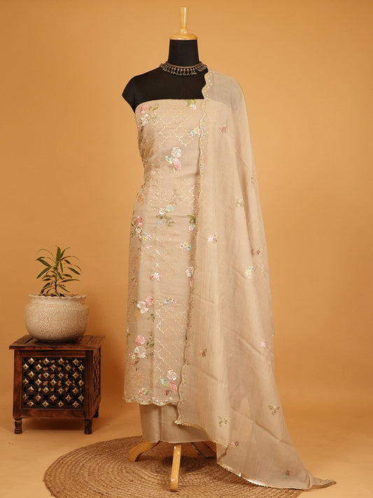 Light Brown Pure Mul Chanderi Floral Suit Set