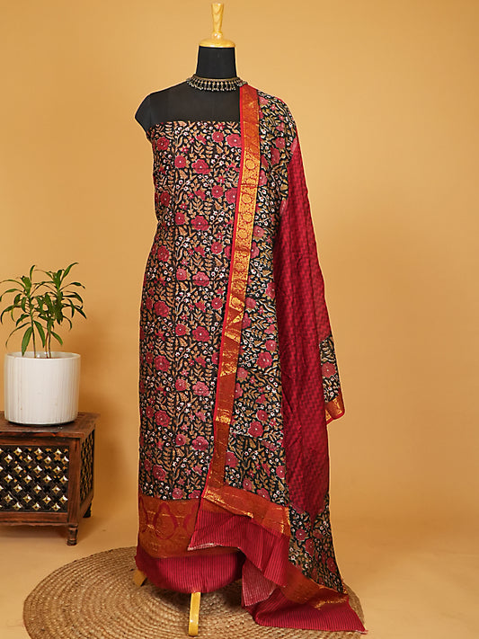Black Floral Printed Maheshwari Silk Suit Set