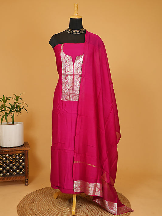 Vibrant Magenta Pink Chiniya Silk Banarasi Woven Suit Set