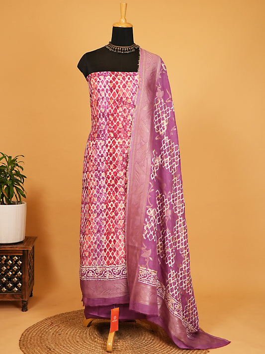 Purple & Magenta Pure Linen Silk Geometric Print Suit Set with Silver Zari
