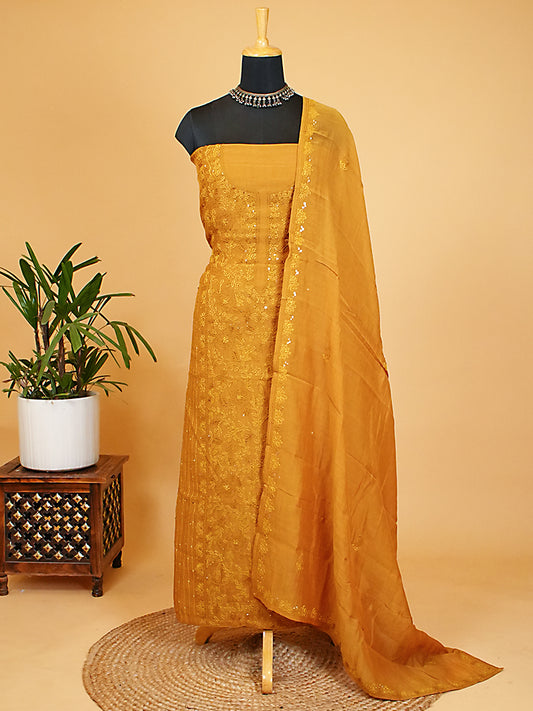 Mustard Soft Mul Chanderi Kantha Stitch Suit Set