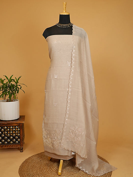 Soft Fawn Handloom Mul Chanderi Appliqué Suit Set