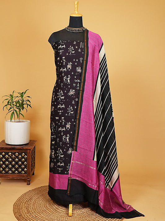 Black and Pink Warli Printed Maheshwari Silk Suit Set