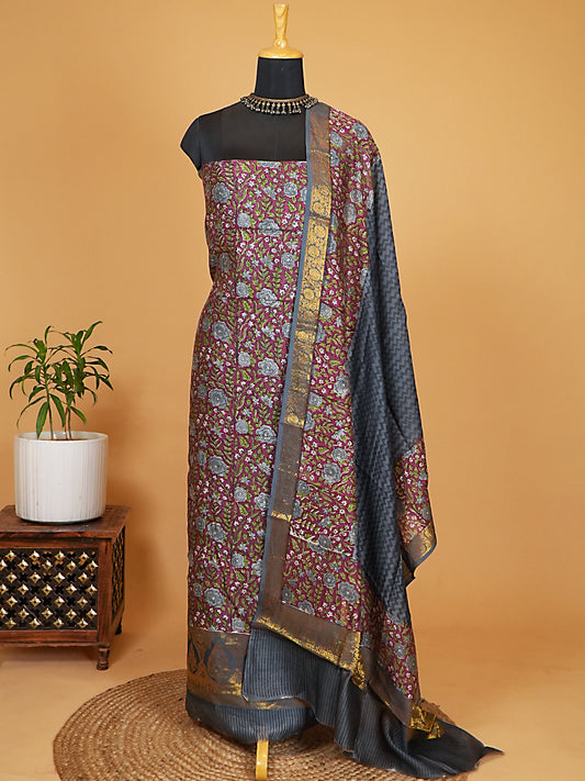 Wine Floral Printed Maheshwari Silk Suit Set