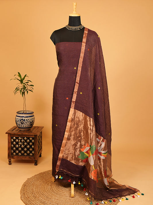 Dark Wine Linen Tissue Jamdani Weaving Suit Set