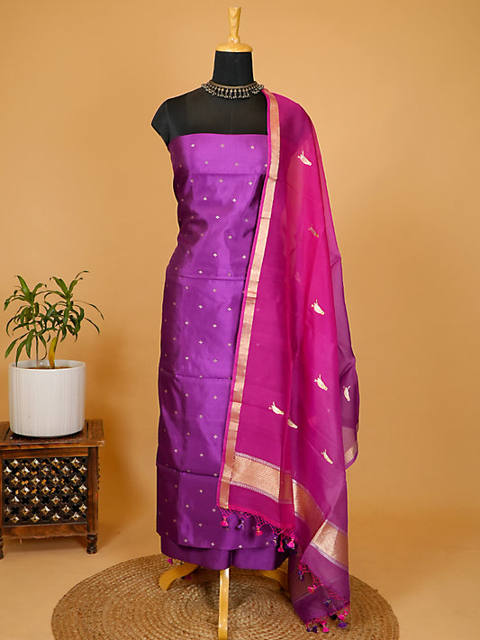 Deep Purple Pure Katan Silk Banarasi Suit Set with Shaded Kora Silk Bird Motif Dupatta