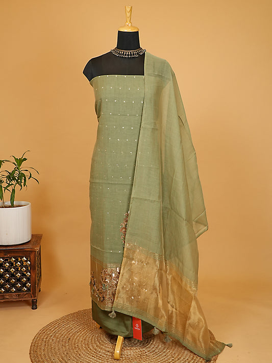 Sage Green Chanderi Silk Embroidered Suit Set with Tissue Hem