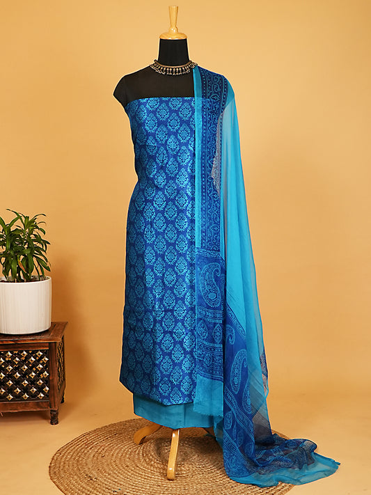 Royal Blue & Turquoise Printed Dupion Silk Suit Set