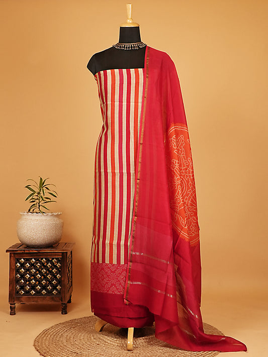 Red & Orange Striped Maheshwari Silk Bandhej Suit Set