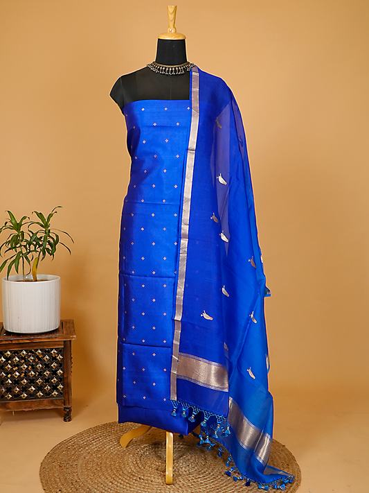 Royal Blue Pure Katan Silk Banarasi Suit Set with Shaded Kora Silk Bird Motif Dupatta