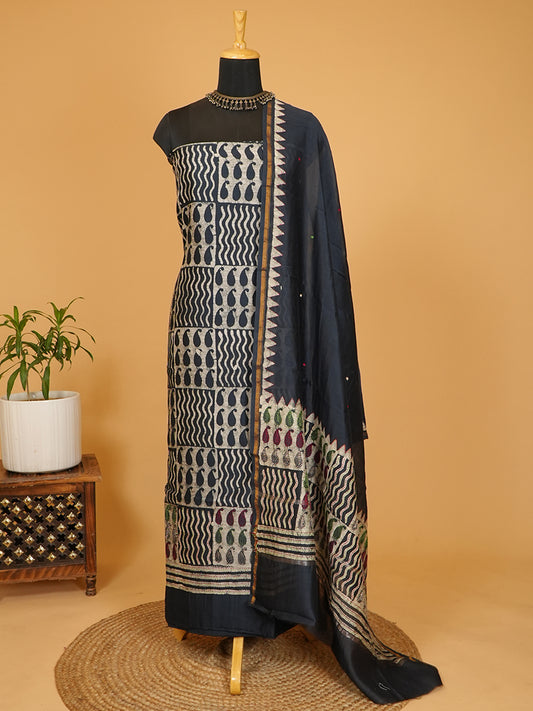 Midnight Navy Maheshwari Silk Printed Suit Set