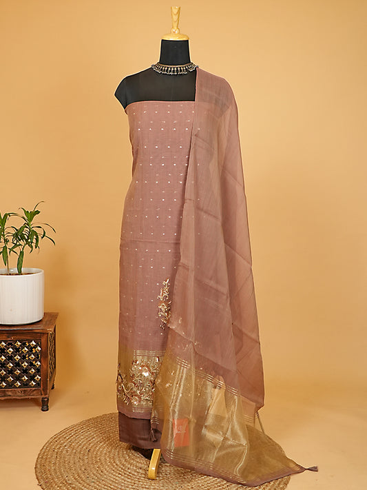 Dusty Mauve Chanderi Silk Embroidered Suit Set with Tissue Hem