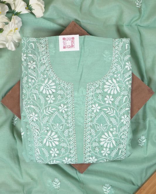 Light Blue Mul Chanderi Lucknowi Handwork Suit Set