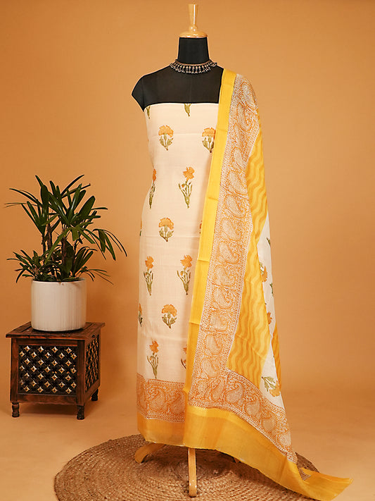 Off-White & Yellow Soft Mul Chanderi Block Print Suit Set