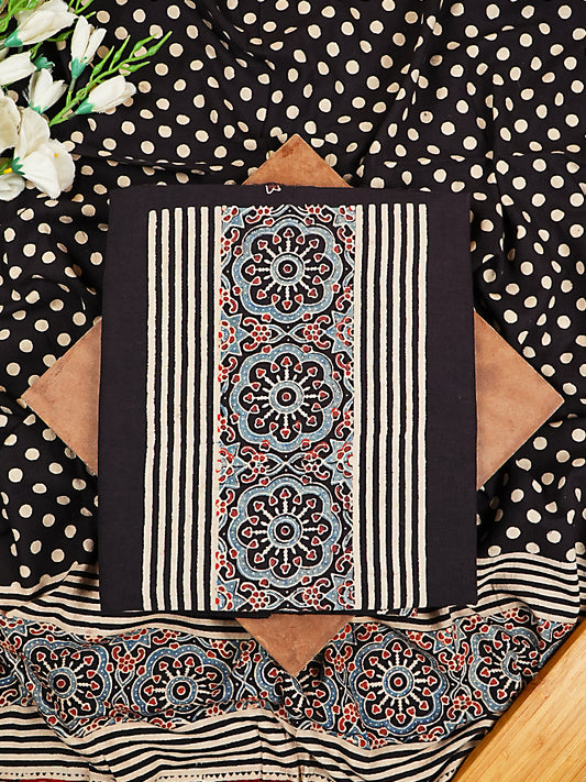 Monochrome Polka & Stripe Handloom Cotton Ajrakh Suit Set