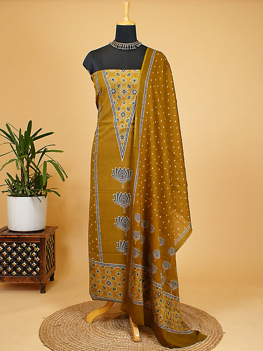 Mehendi Green Soft Cotton Silk Lotus Print Suit Set