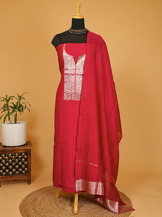 Rich Crimson Red Chiniya Silk Banarasi Woven Suit Set