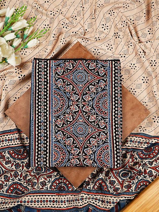 Black and Beige Handloom Cotton Ajrakh Suit Set