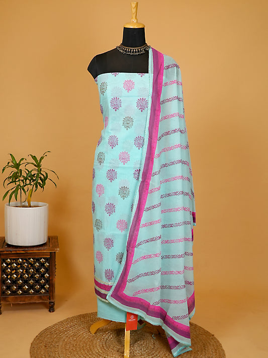 Powder Blue Chanderi Silk Block Printed Suit Set with Gota Patti Highlights